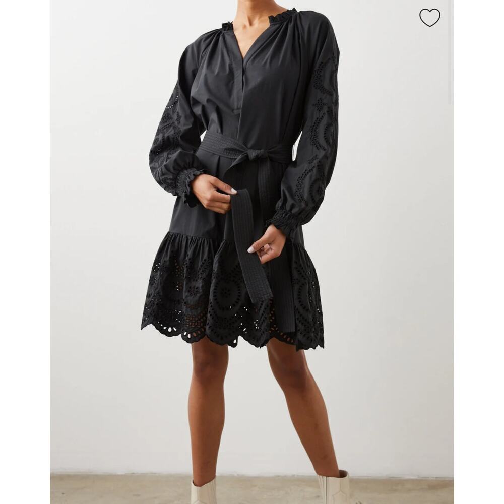 Rails Saylor Dress Black Eyelet Lace Long Sleeve Tile Belt Sz S